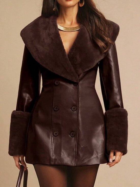 MODA ME COUTURE Jackets & Blazers - Coffee Brown Elegant Women's Faux Fur Collar Slim Jacket